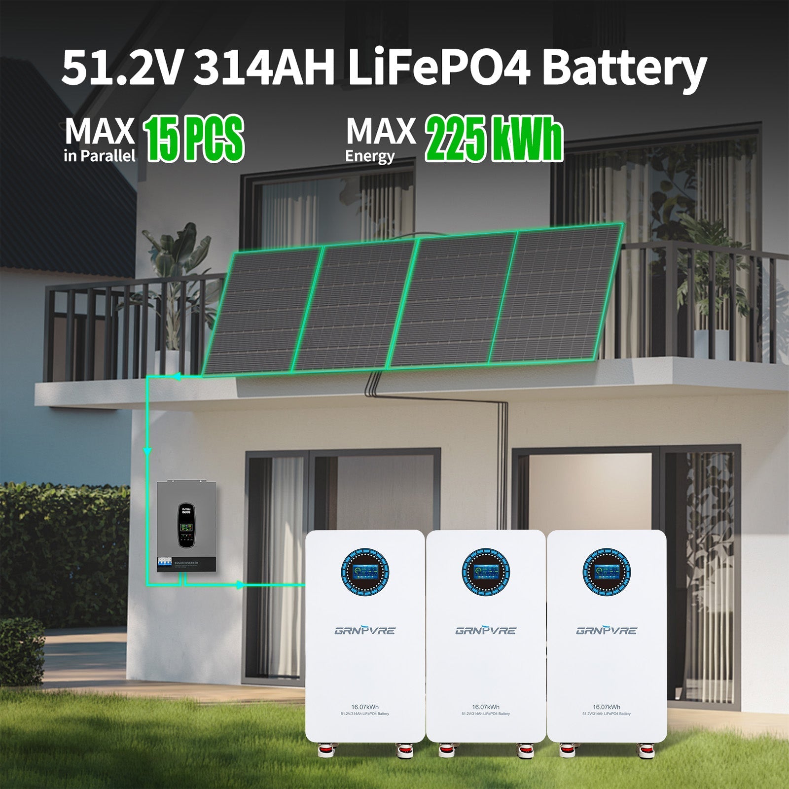 GRNPVRE 48V 314Ah LiFePO4 Battery 16Kwh Power Supply, 200A BMS, for Energy Storage Systems - Xdatou | Rechargeable Lifepo4 Batteries Voltage Converters Inverter
