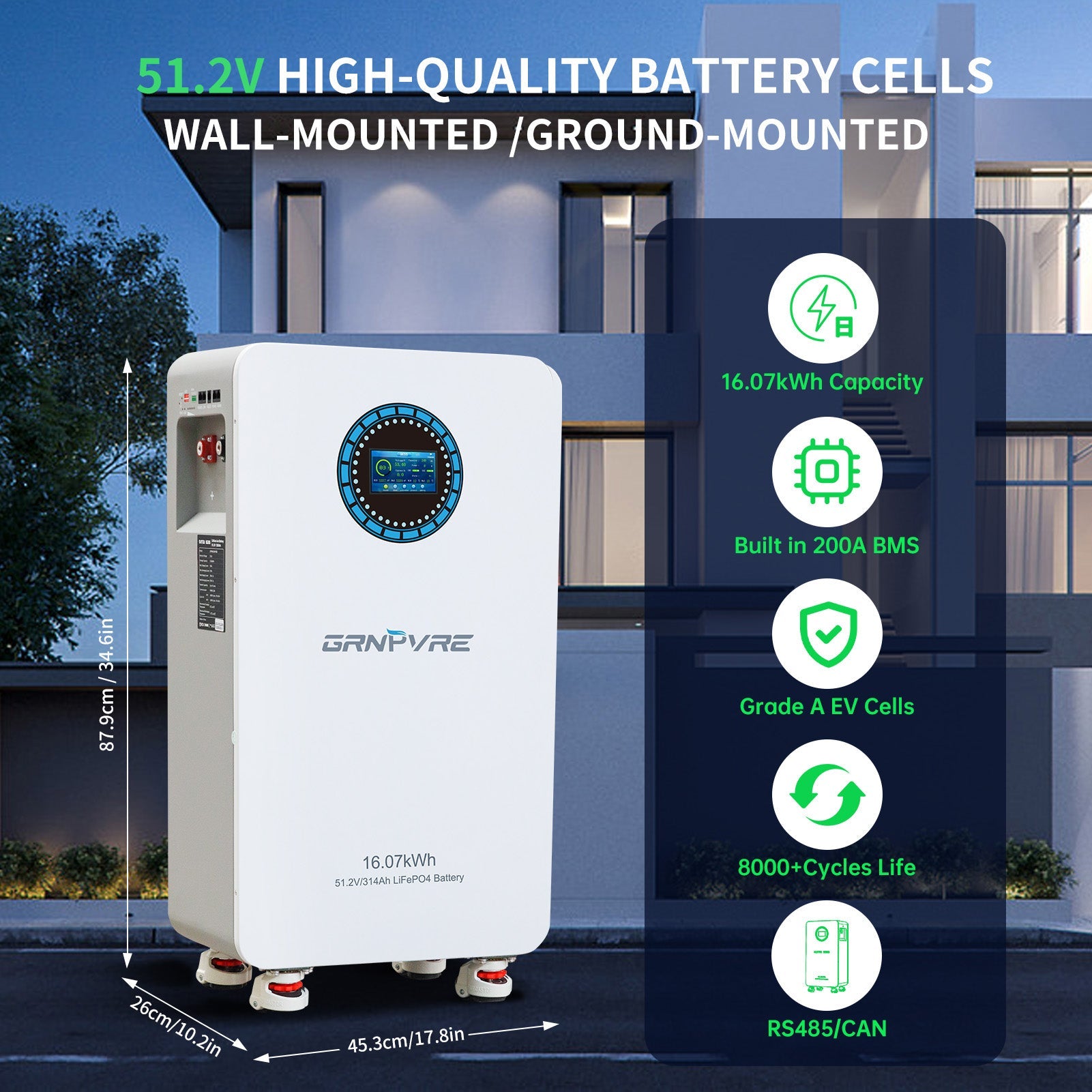 GRNPVRE 48V 314Ah LiFePO4 Battery 16Kwh Power Supply, 200A BMS, for Energy Storage Systems Secondary image