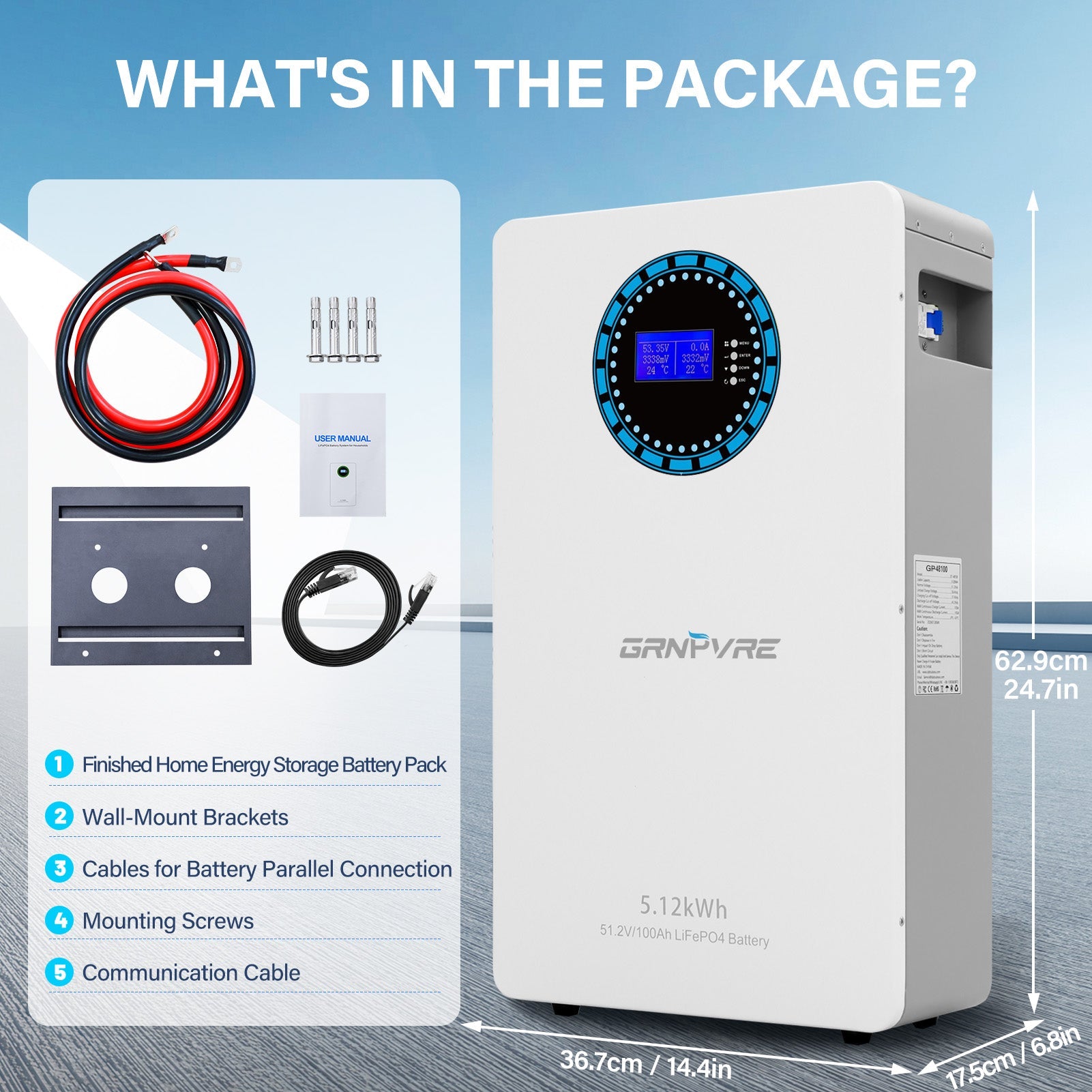 GRNPVRE 51.2V 100Ah LiFePO4 Wall-Mounted Battery, 5.12kWh, 100A BMS, for Home Energy Storage - Xdatou | Rechargeable Lifepo4 Batteries Voltage Converters Inverter