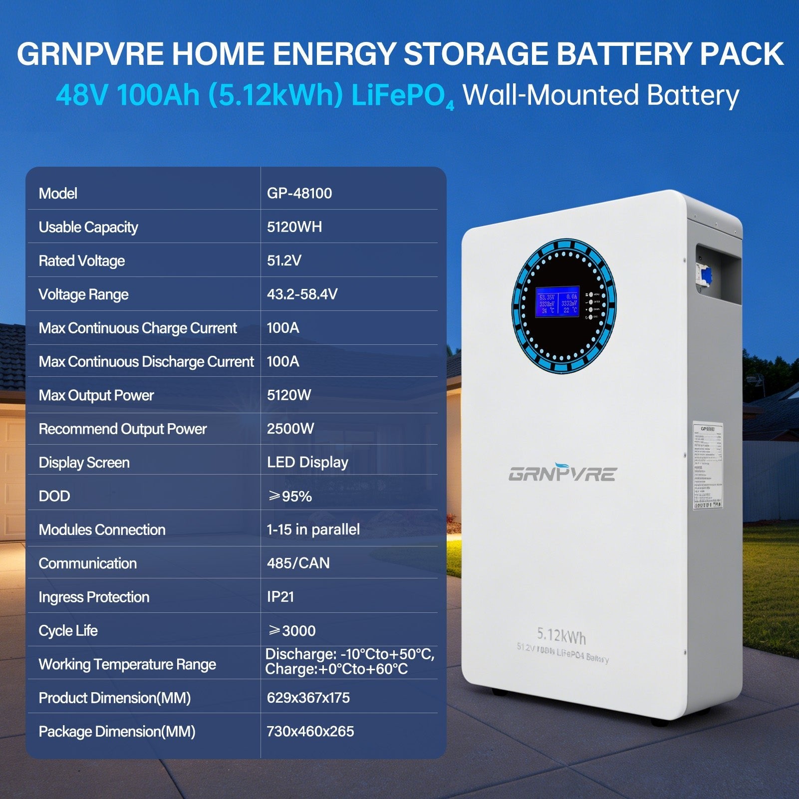 GRNPVRE 51.2V 100Ah LiFePO4 Wall-Mounted Battery, 5.12kWh, 100A BMS, for Home Energy Storage - Xdatou | Rechargeable Lifepo4 Batteries Voltage Converters Inverter