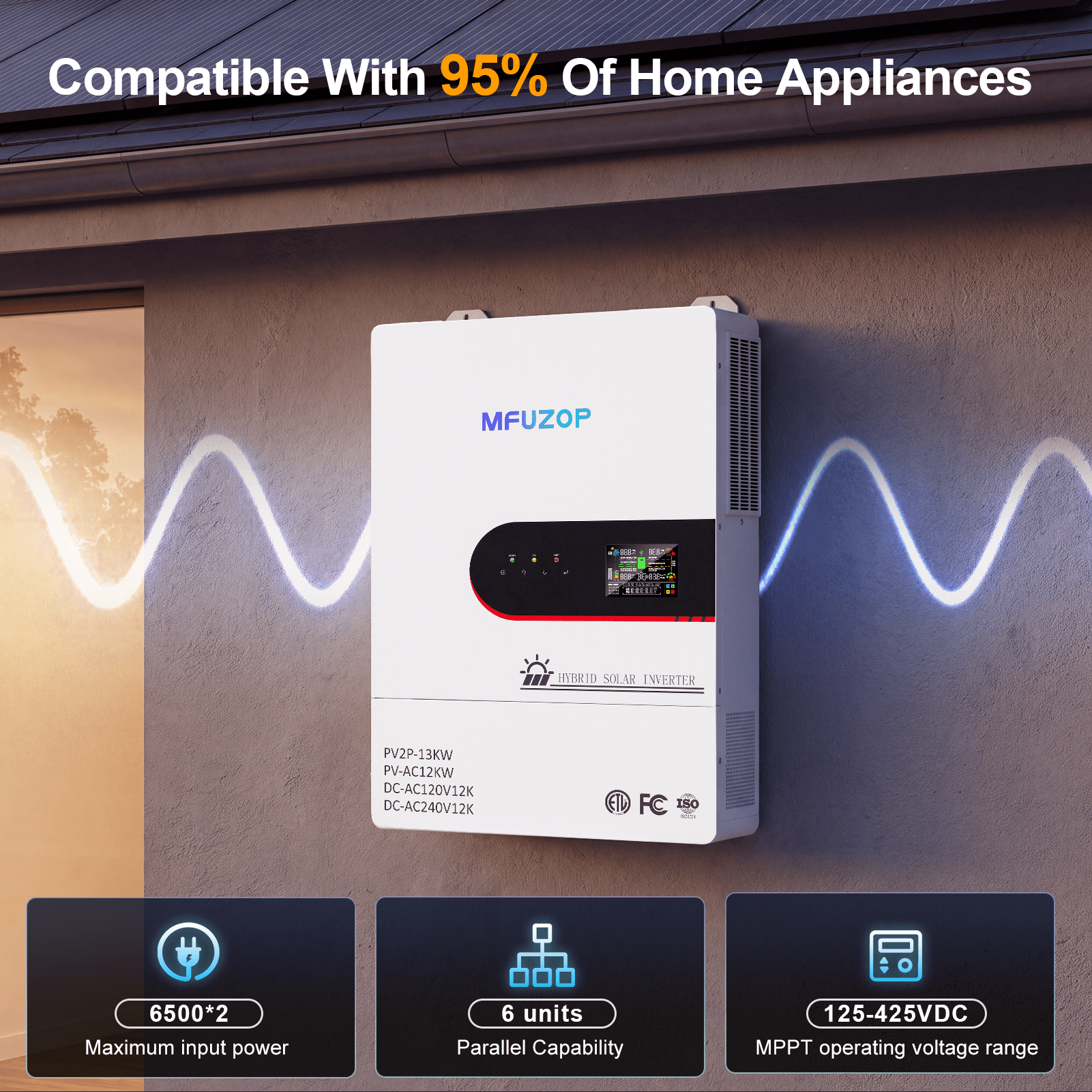 MFUZOP 12KW 48V Hybrid Inverter,Single Phase 120V & Split Phase 240V Output, for Solar Systems(Compatible with WiFi 06) Secondary image
