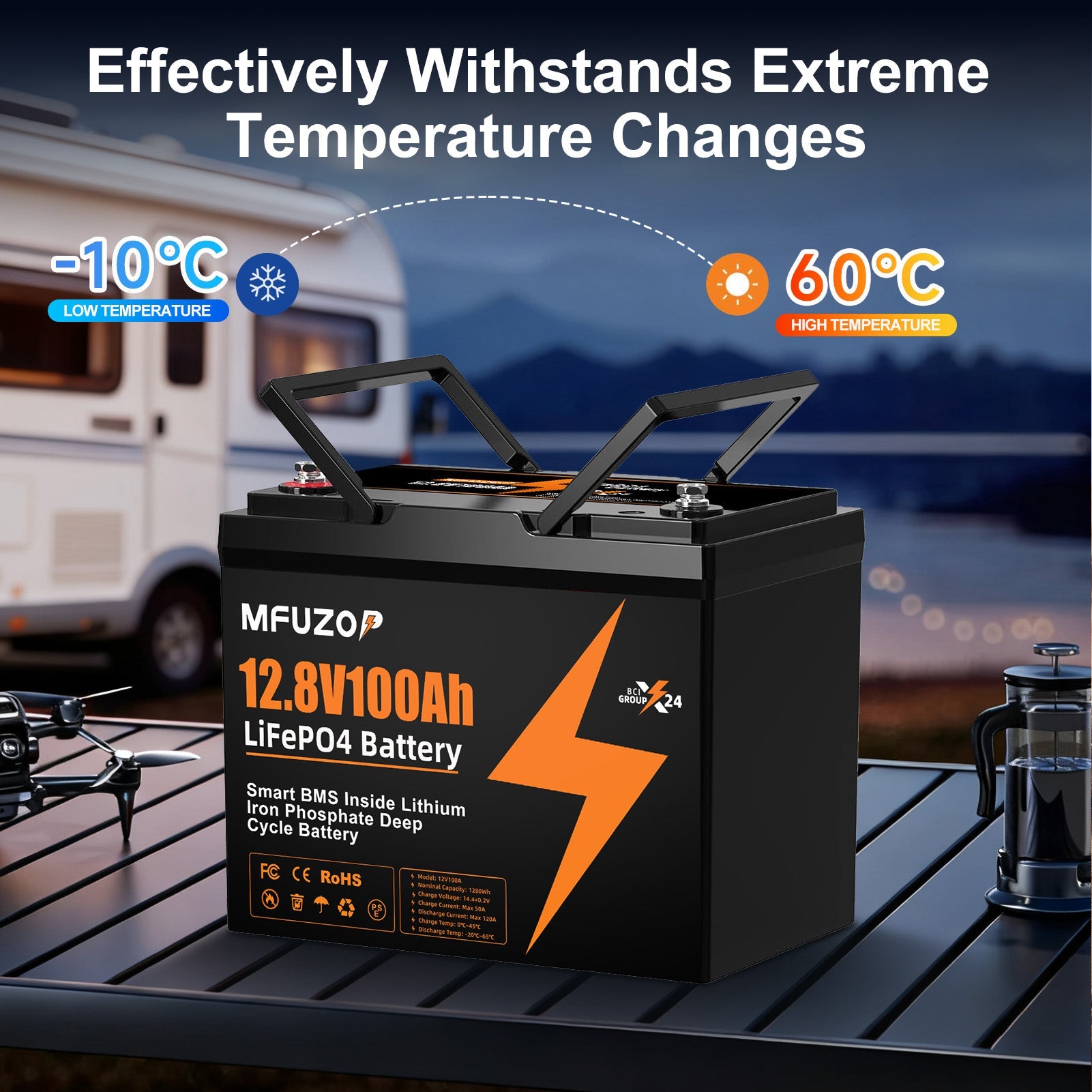 MFUZOP 12V 100Ah LiFePO4 Lithium Battery with 100A Smart BMS, 6000 Deep Cycle Marine Battery 12V, Max 1280Wh Energy, Group 24 for RVs, Vans, Trailers, Motorhomes, and Boats - Xdatou | Rechargeable Lifepo4 Batteries Voltage Converters Inverter