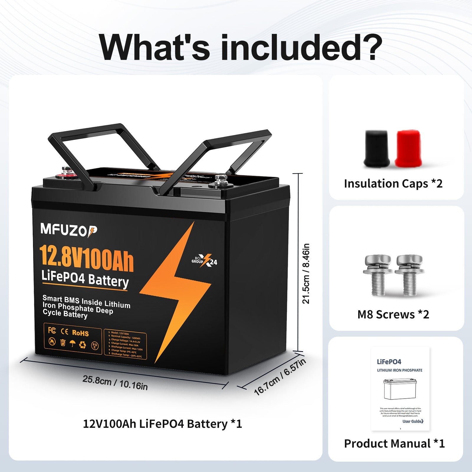 MFUZOP 12V 100Ah LiFePO4 Lithium Battery with 100A Smart BMS, 6000 Deep Cycle Marine Battery 12V, Max 1280Wh Energy, Group 24 for RVs, Vans, Trailers, Motorhomes, and Boats - Xdatou | Rechargeable Lifepo4 Batteries Voltage Converters Inverter
