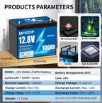 MFUZOP 12V 100Ah LiFePO4 Lithium Battery with 100A Smart BMS , 8000 Deep Cycle Marine Battery 12V, Max 1280Wh Energy, Group 24 for RVs, Vans, Trailers, Motorhomes, and Boats - Xdatou | Rechargeable Lifepo4 Batteries Voltage Converters Inverter