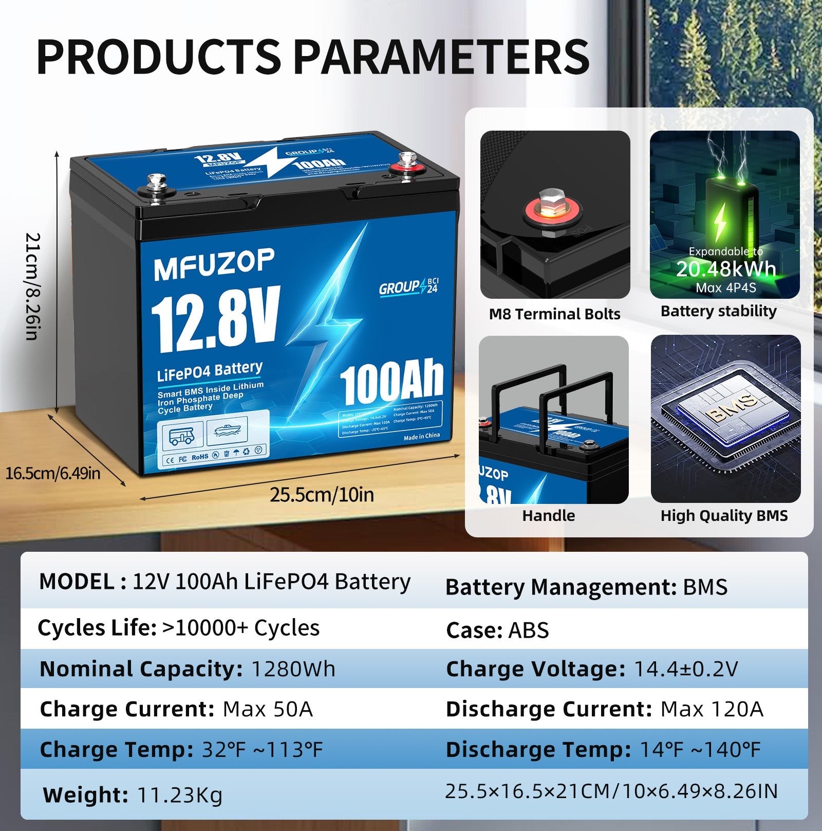MFUZOP 12V 100Ah LiFePO4 Lithium Battery with 100A Smart BMS , 8000 Deep Cycle Marine Battery 12V, Max 1280Wh Energy, Group 24 for RVs, Vans, Trailers, Motorhomes, and Boats - Xdatou | Rechargeable Lifepo4 Batteries Voltage Converters Inverter