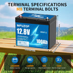 MFUZOP 12V 100Ah LiFePO4 Lithium Battery with 100A Smart BMS , 8000 Deep Cycle Marine Battery 12V, Max 1280Wh Energy, Group 24 for RVs, Vans, Trailers, Motorhomes, and Boats - Xdatou | Rechargeable Lifepo4 Batteries Voltage Converters Inverter