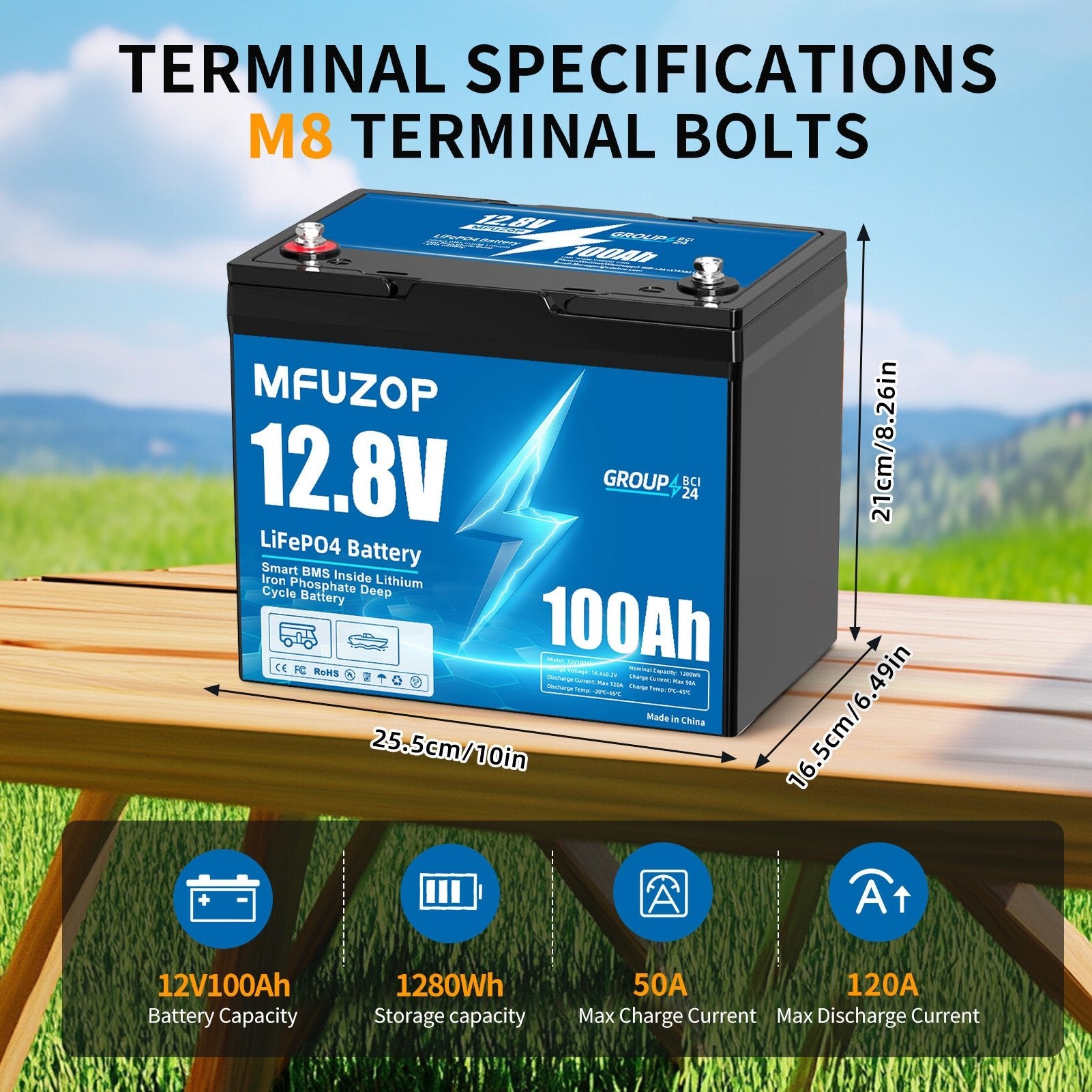 MFUZOP 12V 100Ah LiFePO4 Lithium Battery with 100A Smart BMS , 8000 Deep Cycle Marine Battery 12V, Max 1280Wh Energy, Group 24 for RVs, Vans, Trailers, Motorhomes, and Boats - Xdatou | Rechargeable Lifepo4 Batteries Voltage Converters Inverter