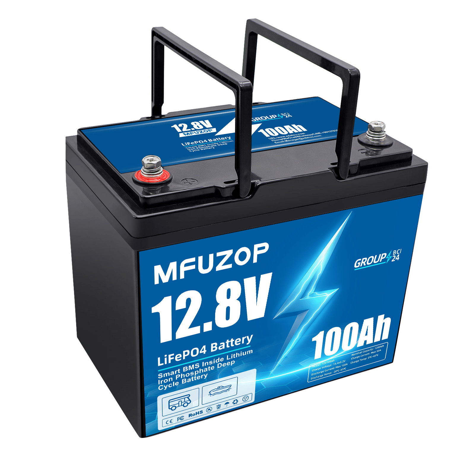 MFUZOP 12V 100Ah LiFePO4 battery with 100A smart BMS, 6000 deep cycles. Up to 4S4P, for RVs, boats, trailers, and home. Hauptbild