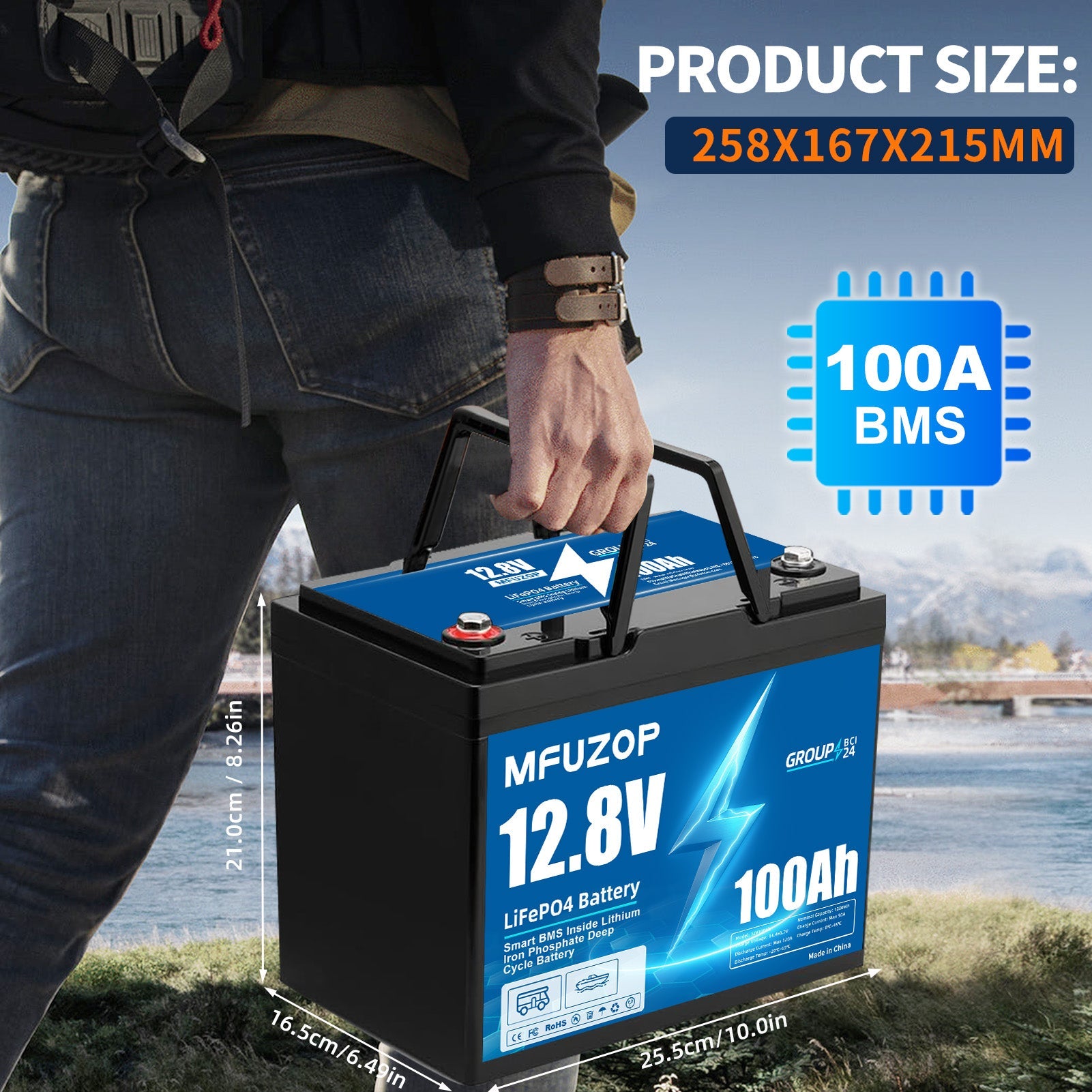 MFUZOP 12V 100Ah LiFePO4 Lithium Battery with 100A Smart BMS , 8000 Deep Cycle Marine Battery 12V, Max 1280Wh Energy, Group 24 for RVs, Vans, Trailers, Motorhomes, and Boats - Xdatou | Rechargeable Lifepo4 Batteries Voltage Converters Inverter