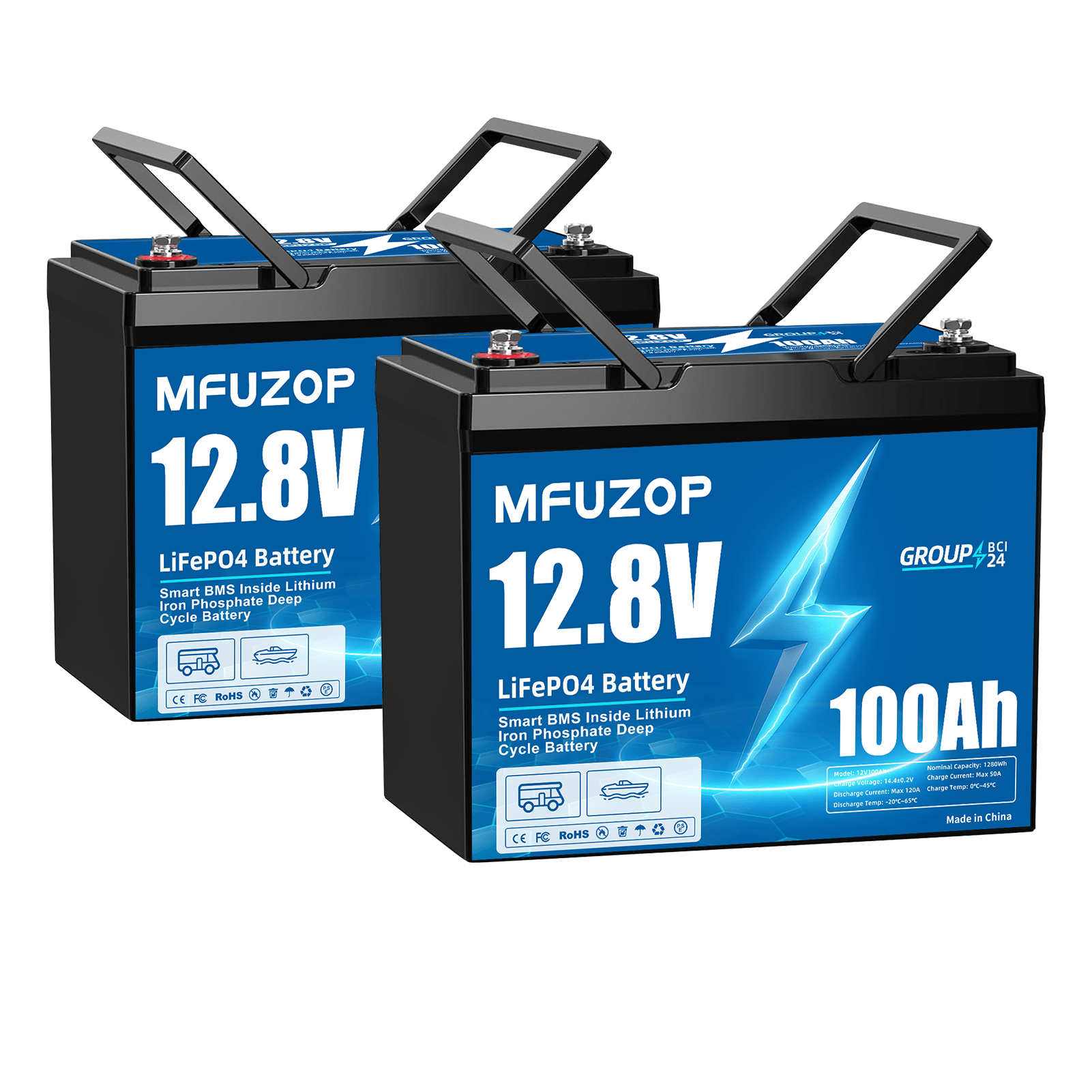 MFUZOP 12V 100Ah LiFePO4 Lithium Battery with 100A Smart BMS , 8000 Deep Cycle Marine Battery 12V, Max 1280Wh Energy, Group 24 for RVs, Vans, Trailers, Motorhomes, and Boats - Xdatou | Rechargeable Lifepo4 Batteries Voltage Converters Inverter