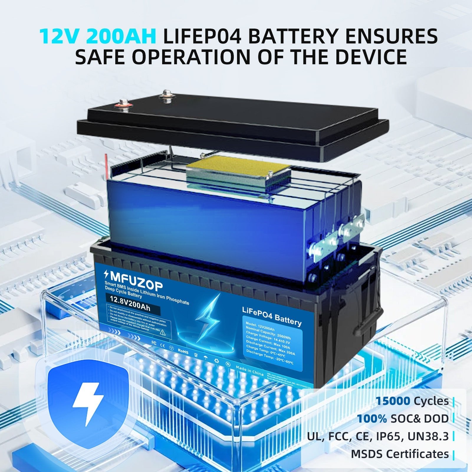MFUZOP 12V 200Ah Lithium LiFePO4 Battery with 200A BMS Deep Cycle Battery for RV Car Solar Home System DIY - Xdatou | Rechargeable Lifepo4 Batteries Voltage Converters Inverter