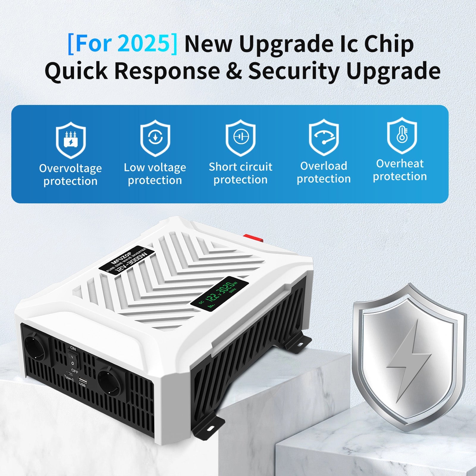MFUZOP 3000W Pure Sine Wave Inverter, 12V to 230V AC Voltage Converter, Peak Power 6000W Peak Power, with Intelligent Detection System & LCD Display & 2 EU Socket - Xdatou | Rechargeable Lifepo4 Batteries Voltage Converters Inverter