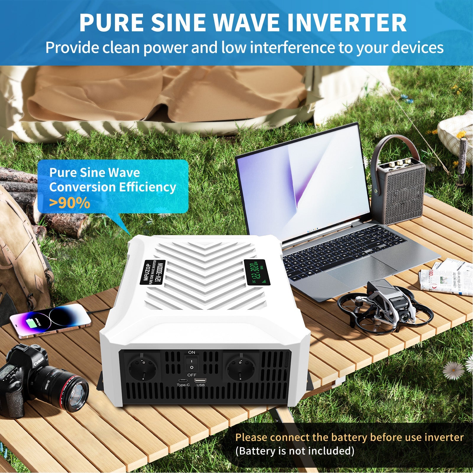 MFUZOP 3000W Pure Sine Wave Inverter, 12V to 230V AC Voltage Converter, Peak Power 6000W Peak Power, with Intelligent Detection System & LCD Display & 2 EU Socket - Xdatou | Rechargeable Lifepo4 Batteries Voltage Converters Inverter