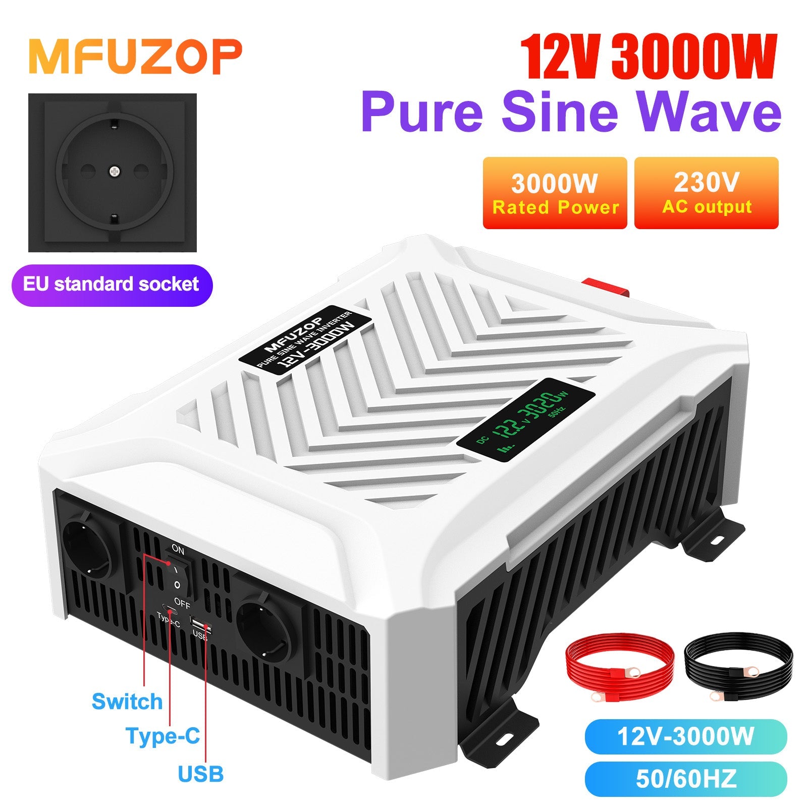 MFUZOP 3000W Pure Sine Wave Inverter, 12V to 230V AC Voltage Converter, Peak Power 6000W Peak Power, with Intelligent Detection System & LCD Display & 2 EU Socket - Xdatou | Rechargeable Lifepo4 Batteries Voltage Converters Inverter