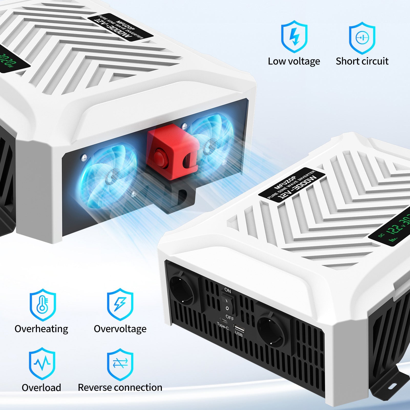 MFUZOP 3000W Pure Sine Wave Inverter, 12V to 230V AC Voltage Converter, Peak Power 6000W Peak Power, with Intelligent Detection System & LCD Display & 2 EU Socket - Xdatou | Rechargeable Lifepo4 Batteries Voltage Converters Inverter