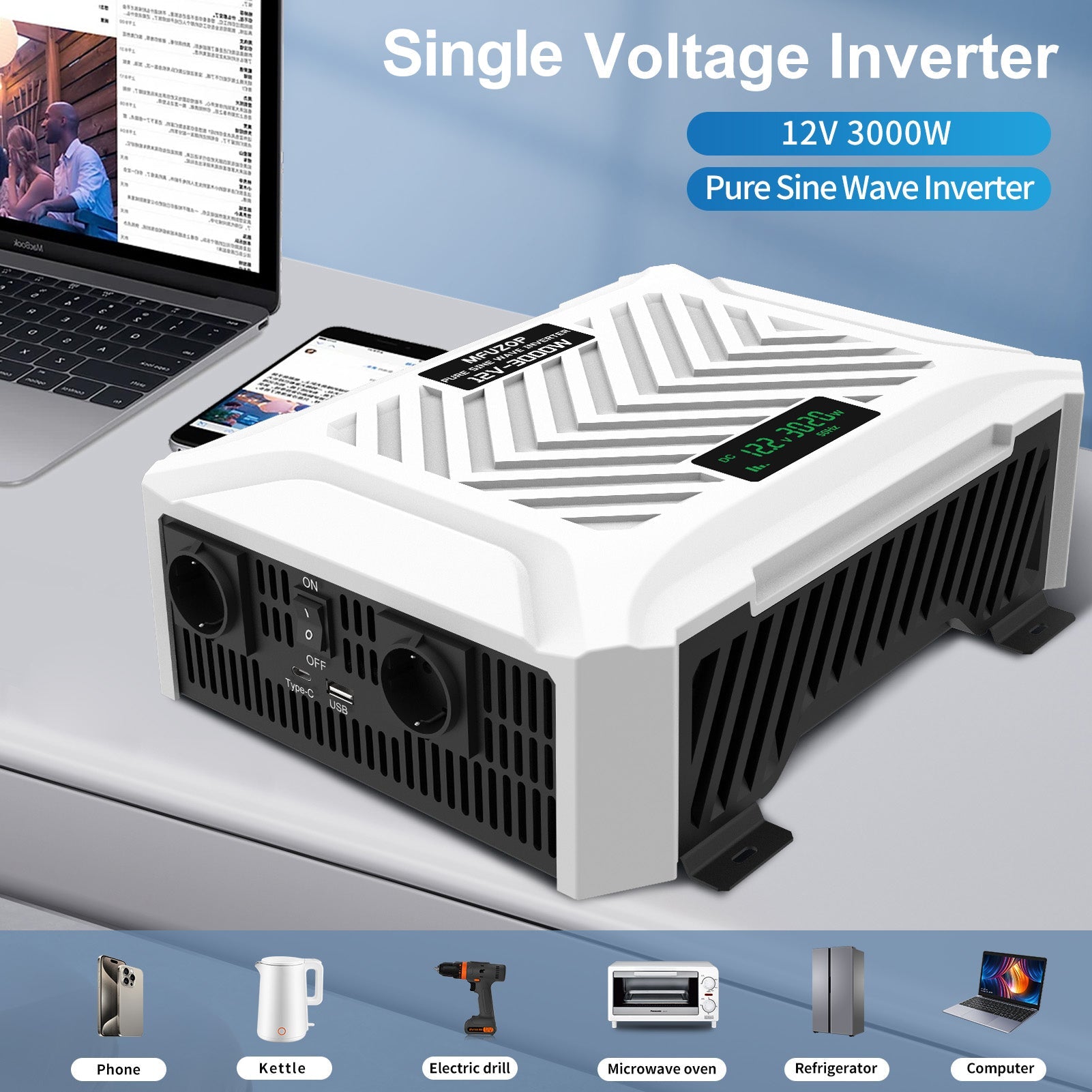MFUZOP 3000W Pure Sine Wave Inverter, 12V to 230V AC Voltage Converter, Peak Power 6000W Peak Power, with Intelligent Detection System & LCD Display & 2 EU Socket - Xdatou | Rechargeable Lifepo4 Batteries Voltage Converters Inverter