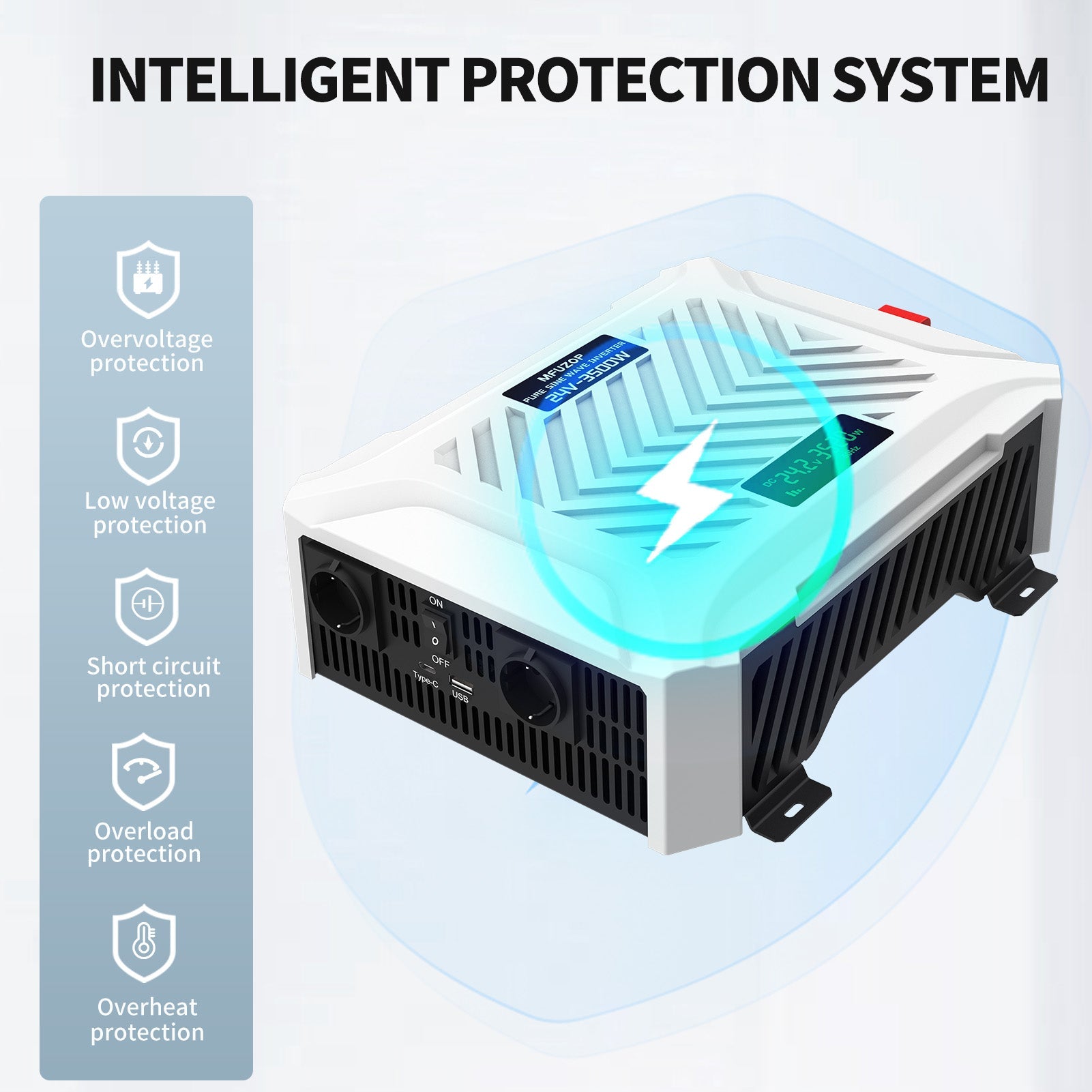 MFUZOP 3500W Pure Sine Wave Inverter  24V to 230V AC, Peak Power 7000W, LCD Display & 2 EU Socket