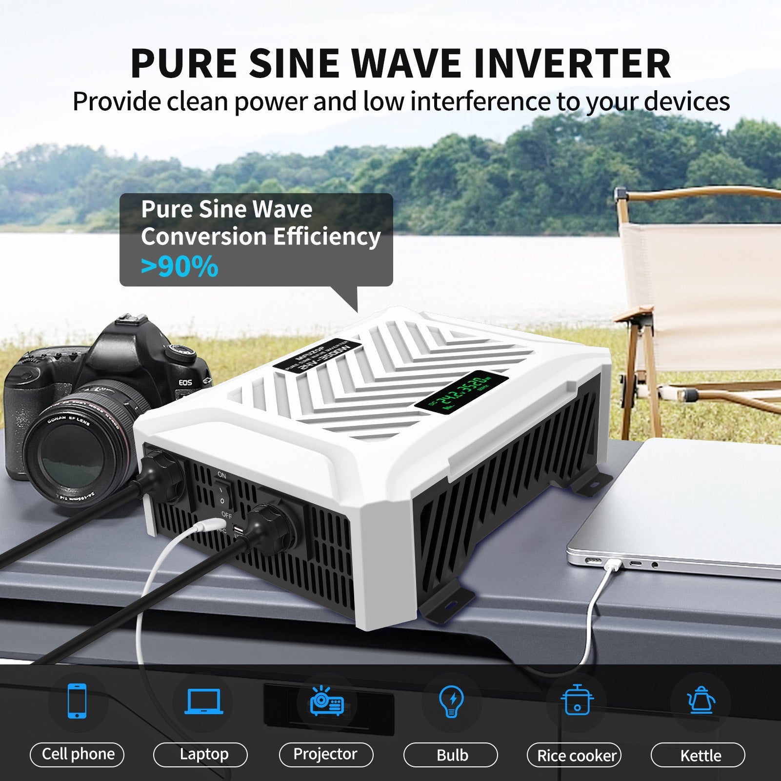 MFUZOP 3500W Pure Sine Wave Inverter  24V to 230V AC, Peak Power 7000W, LCD Display & 2 EU Socket