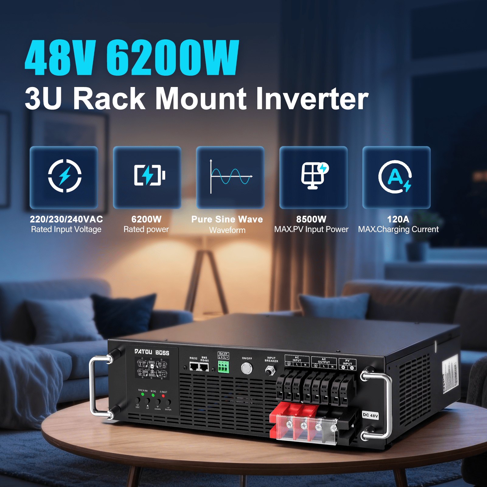 MFUZOP 6200W 3U Rack Pure Sine Wave Solar Hybrid Inverter, 48VDC to 230VAC, 120A MPPT, 8500W PV Input, Built-in UPS Function, Battery-Free Operation, 27A PV Input, BMS Communication, Anti-Backflow Protection, Off-Grid & Grid-Connected Compatible Zweitbild