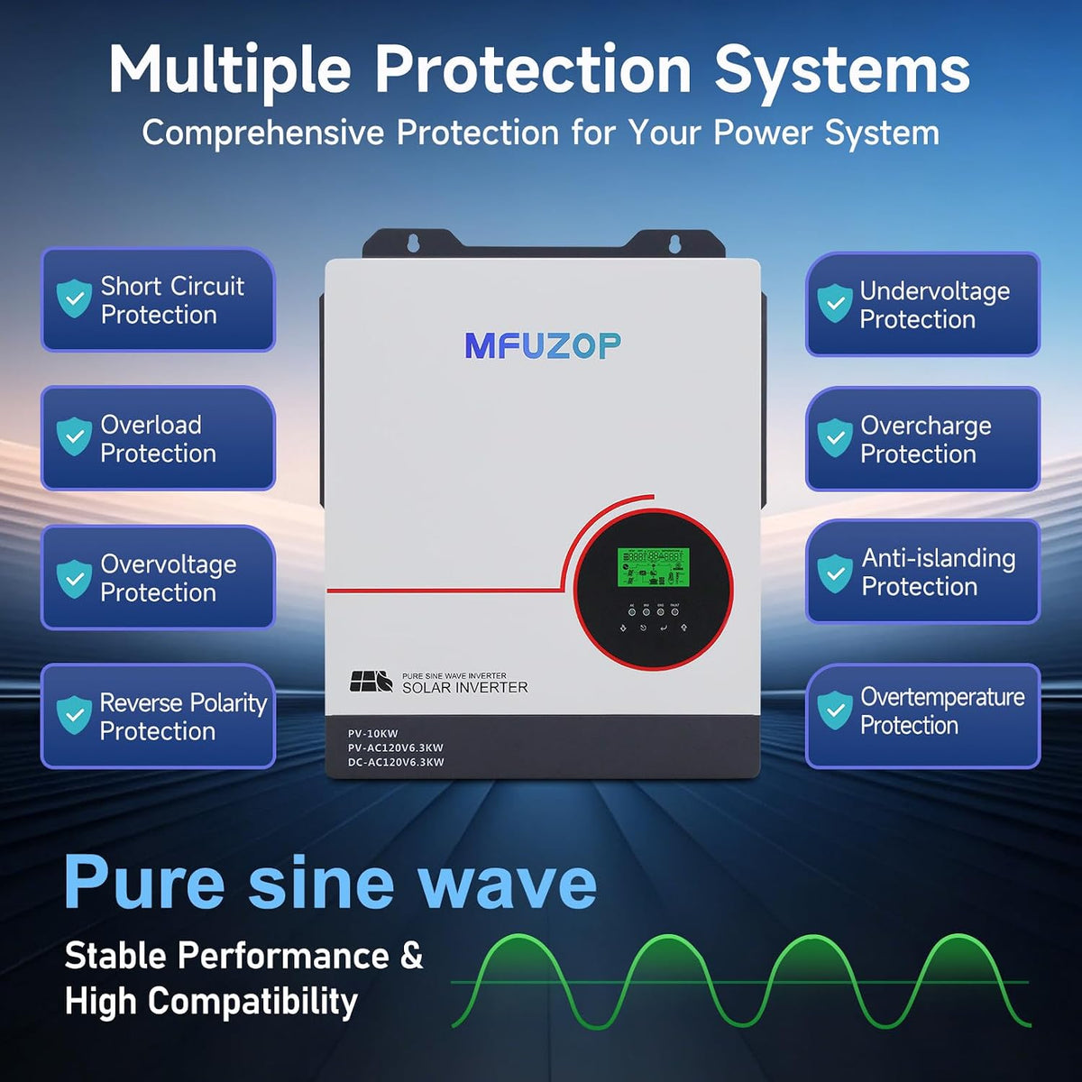 MFUZOP 6300W 48V Hybrid Solar Inverter, 48V DC to 120V AC, Dual MPPT 10kW PV Input, 120A Charger, Battery-Free Operation，for home solar systems(Compatible with WiFi 06) - Xdatou