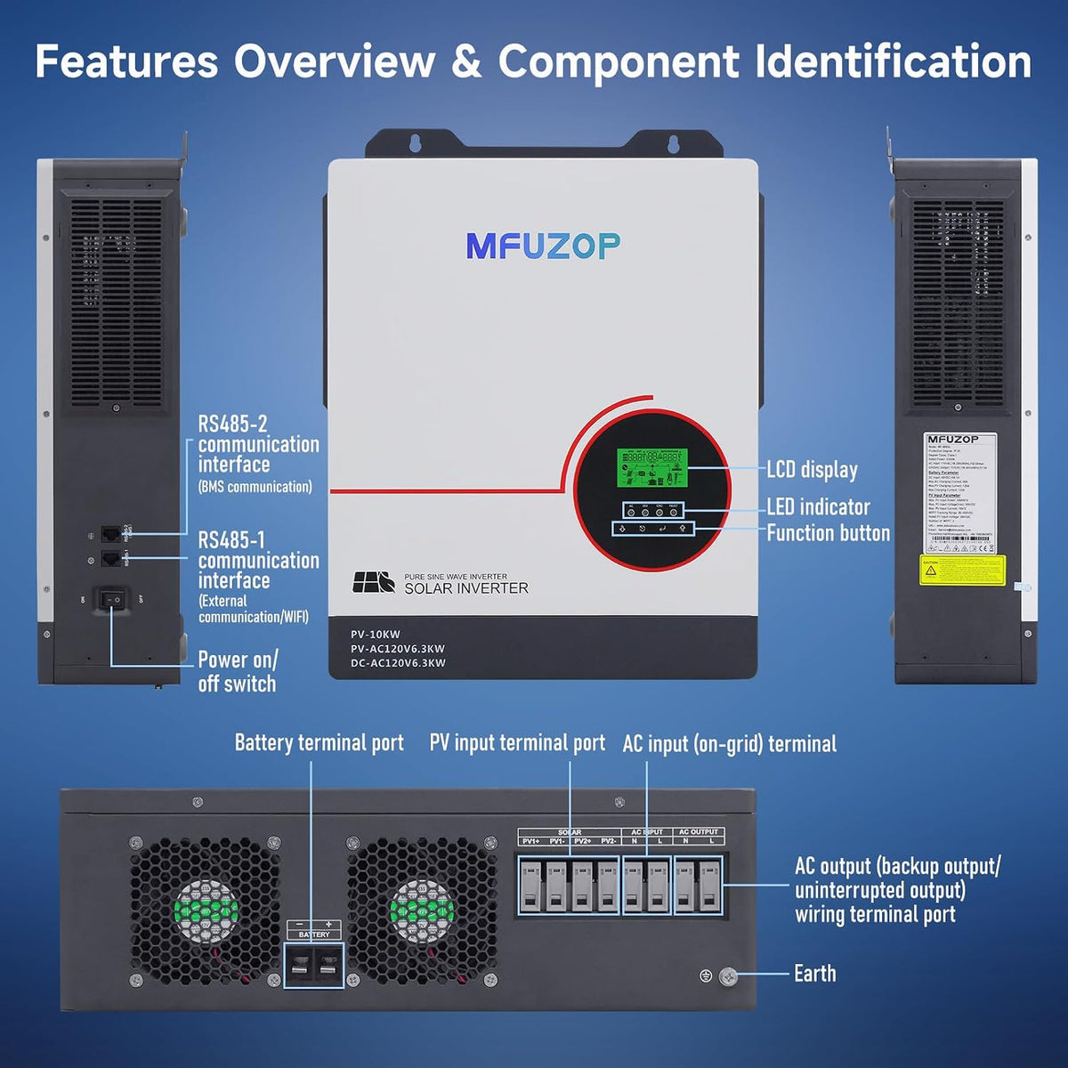 MFUZOP 6300W 48V Hybrid Solar Inverter, 48V DC to 120V AC, Dual MPPT 10kW PV Input, 120A Charger, Battery-Free Operation，for home solar systems(Compatible with WiFi 06) - Xdatou
