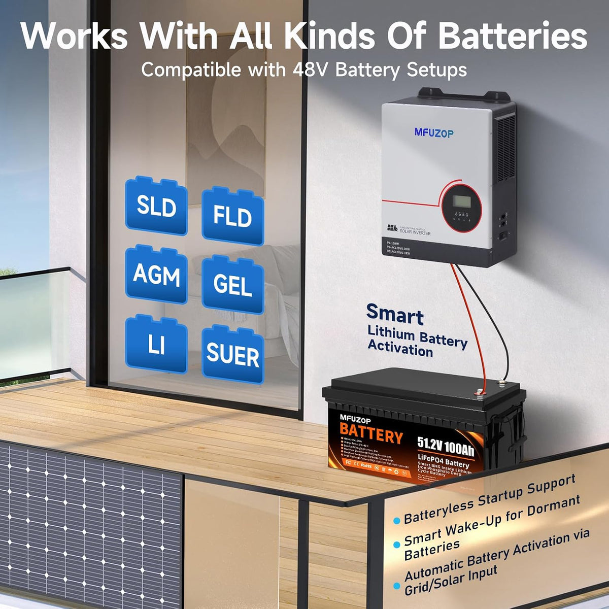 MFUZOP 6300W 48V Hybrid Solar Inverter, 48V DC to 120V AC, Dual MPPT 10kW PV Input, 120A Charger, Battery-Free Operation，for home solar systems(Compatible with WiFi 06) - Xdatou