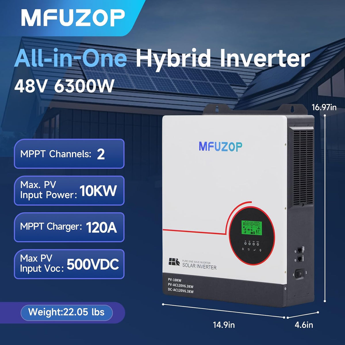 MFUZOP 6300W 48V Hybrid Solar Inverter, 48V DC to 120V AC, Dual MPPT 10kW PV Input, 120A Charger, Battery-Free Operation，for home solar systems(Compatible with WiFi 06) - Xdatou