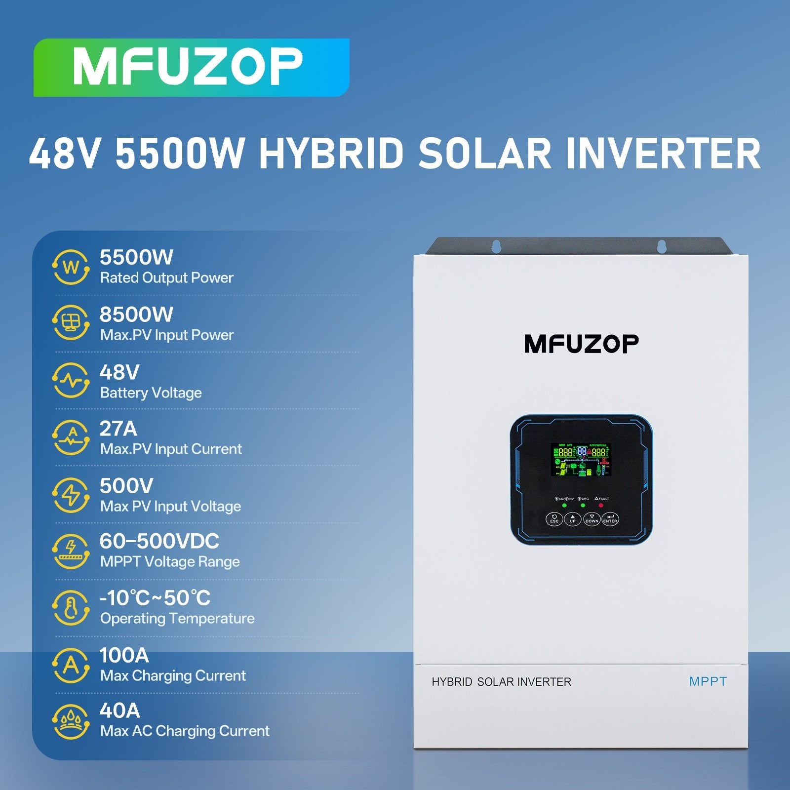 MFUZOP Hybrid Inverter 5500W, 48V to 110V, 120A, MPPT, Off-grid, 50Hz/60Hz, for Solar Power - Xdatou | Rechargeable Lifepo4 Batteries Voltage Converters Inverter