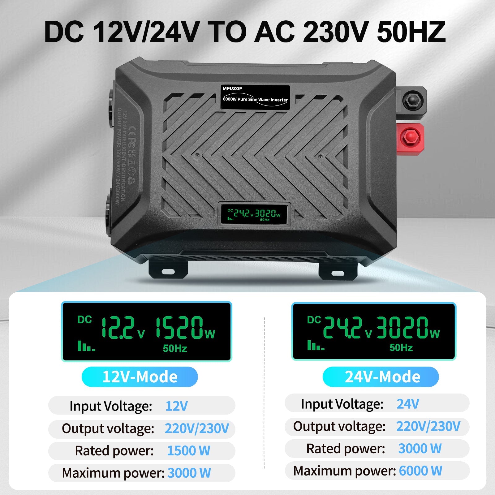 MFUZOP Smart Dual Voltage Pure Sine Wave Inverter 1500W/3000W, 12V/24V to 230V, for off-grid. Secondary image