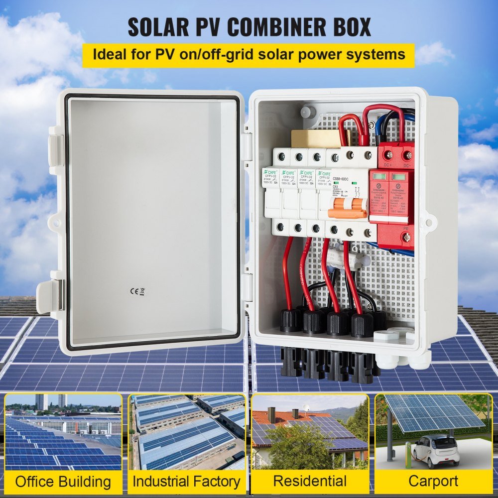 PV Combiner Box, 4 String, Solar Combiner Box, 63A Circuit Breaker, Lightning Arreste and Solar Connector, for On / Off Grid Solar Panel System, IP65 Waterproof 17 x 23 x 11 cm - Xdatou | Rechargeable Lifepo4 Batteries Voltage Converters Inverter