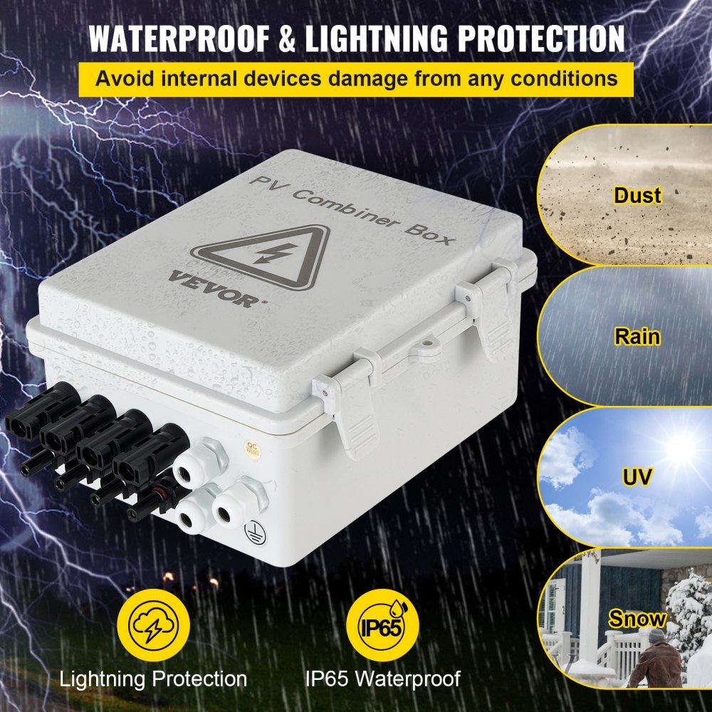 PV Combiner Box, 4 String, Solar Combiner Box, 63A Circuit Breaker, Lightning Arreste and Solar Connector, for On / Off Grid Solar Panel System, IP65 Waterproof 17 x 23 x 11 cm - Xdatou | Rechargeable Lifepo4 Batteries Voltage Converters Inverter